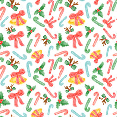 Jingle bells with candy canes watercolor seamless pattern on white. Textile and paper design. 