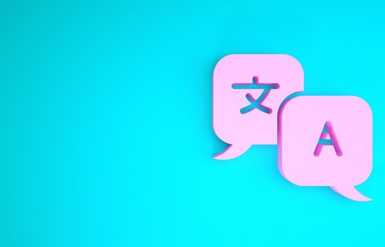 Pink Translator icon isolated on blue background. Foreign language conversation icons in chat speech bubble. Translating concept. Minimalism concept. 3d illustration 3D render