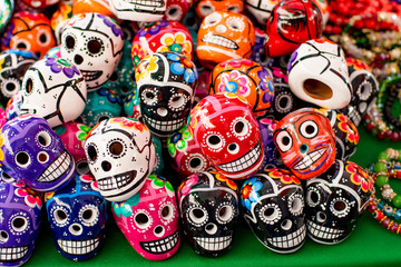 Traditional colored mexican pottery skulls day of the dead