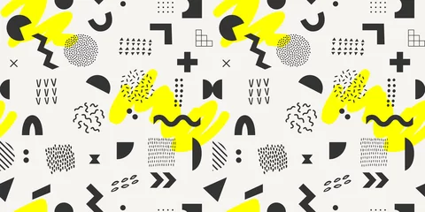 Behang Memphis stijl Vector geometrische naadloze patroon met gele penseelstreken. Hipster Memphis-stijl.