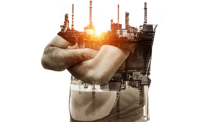 Future factory plant and energy industry concept in creative graphic design. Oil, gas and...