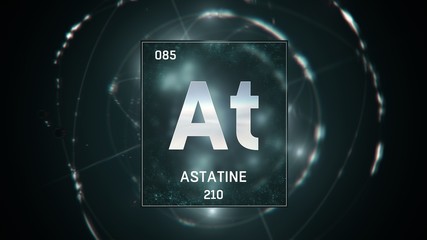 3D illustration of Astatine as Element 85 of the Periodic Table. Green illuminated atom design background with orbiting electrons. Design shows name, atomic weight and element number