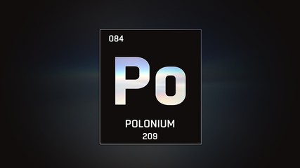 3D illustration of Polonium as Element 84 of the Periodic Table. Grey illuminated atom design background with orbiting electrons. Design shows name, atomic weight and element number