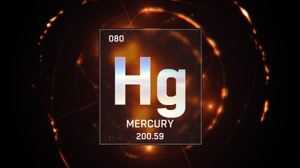 3D illustration of Mercury as Element 80 of the Periodic Table. Orange illuminated atom design...