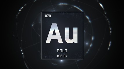 3D illustration of Gold as Element 79 of the Periodic Table. Silver illuminated atom design background with orbiting electrons. Design shows name, atomic weight and element number