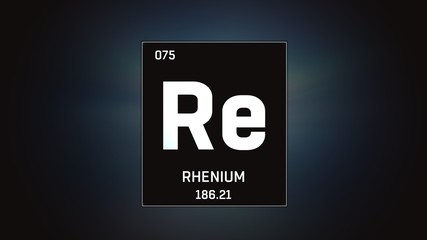 3D illustration of Rhenium as Element 75 of the Periodic Table. Grey illuminated atom design background with orbiting electrons. Design shows name, atomic weight and element number