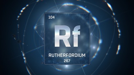 3D illustration of Rutherfordium as Element 104 of the Periodic Table. Blue illuminated atom design background with orbiting electrons. Design shows name, atomic weight and element number