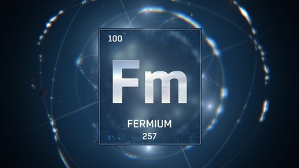 3D illustration of Fermium as Element 100 of the Periodic Table. Blue illuminated atom design background with orbiting electrons. Design shows name, atomic weight and element number