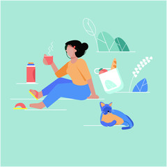 A woman sits in the park and drinks coffee or tea. Flat style vector design