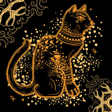 Boho illustration of egyptian goddess Bastet. Tattoo art style. Can be used for stickers, posters, logo.
