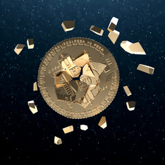 Broken Bitcoin or cracked Bitcoin, bitcoin bubble risk of collapse concept, bitcoin falling apart, decline and fall cryptocurrency. 3D illustration
