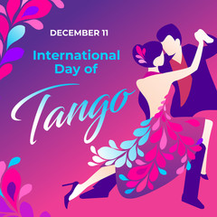 Obraz na płótnie Canvas Vector EPS 10 illustration of international tango day in Argentina. Poster, banner for social media, card, art, flyer, invitation, brochure with dancing couple. The woman in the floral pink dress.