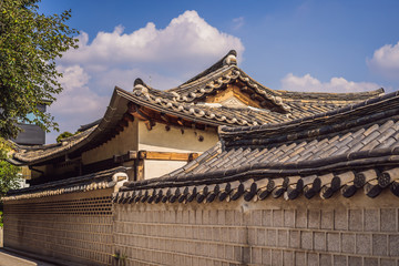 Fototapeta na wymiar Bukchon Hanok Village is one of the famous place for Korean traditional houses have been preserved