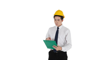 Asian construction engineer / site manager with safety hat pointing on notepad isolated on white background.