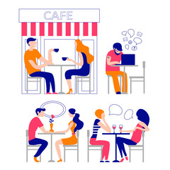 vector illustration of various people in cafe. man and woman sitting in a cafe talking and drinking coffee. Vector illustration of couple date. Man with laptop working in cafe