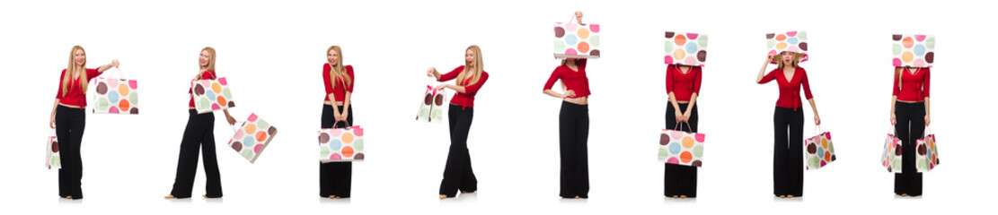 Young woman in flared pants isolated on white