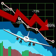 Fototapeta premium Airliner Aviation Business Transport Tourist Sales Passenger Decrease Graph Bar Arrow. vector illustration..