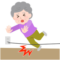 高齢女性　家庭内事故　コードに引っかかってケガ　イラスト