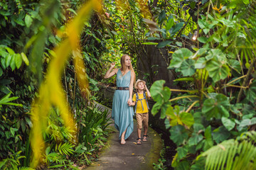 Mother and son tourists in Bali walks along the narrow cozy streets of Ubud. Bali is a popular...