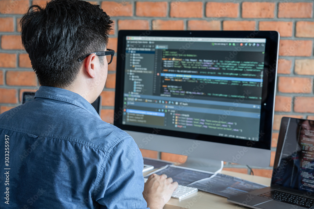 Aufkleber Young Professional programmer working at developing programming and website working in a software develop company office, writing codes and typing data code, Programming with HTML, PHP and javascript