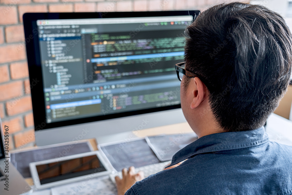 Poster Young Professional programmer working at developing programming and website working in a software develop company office, writing codes and typing data code, Programming with HTML, PHP and javascript