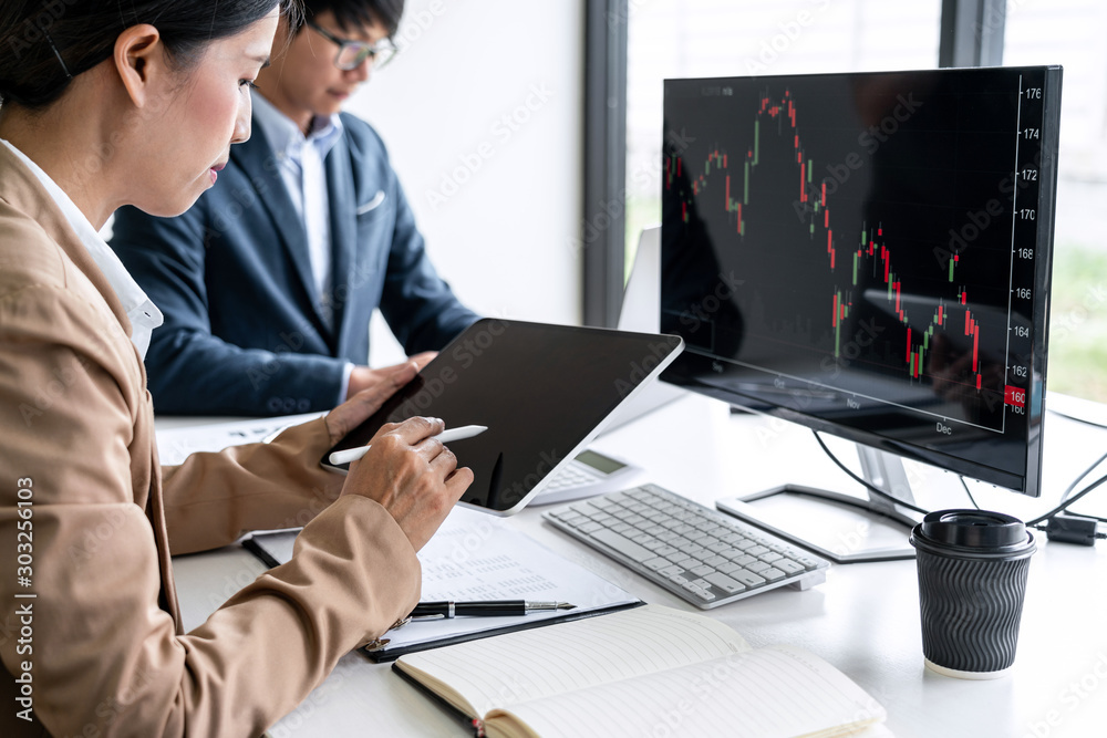 Poster business team partner working with computer, laptop, discussion and analyzing graph stock market tra