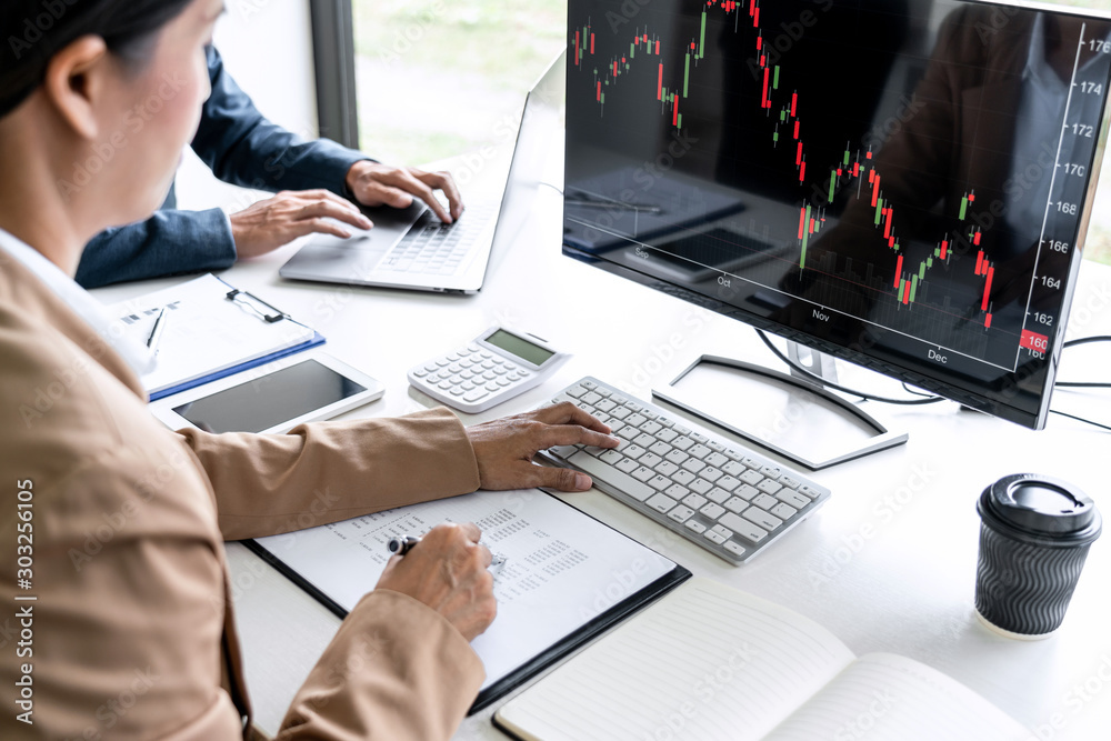 Poster business team investment working with computer, planning and analyzing graph stock market trading wi