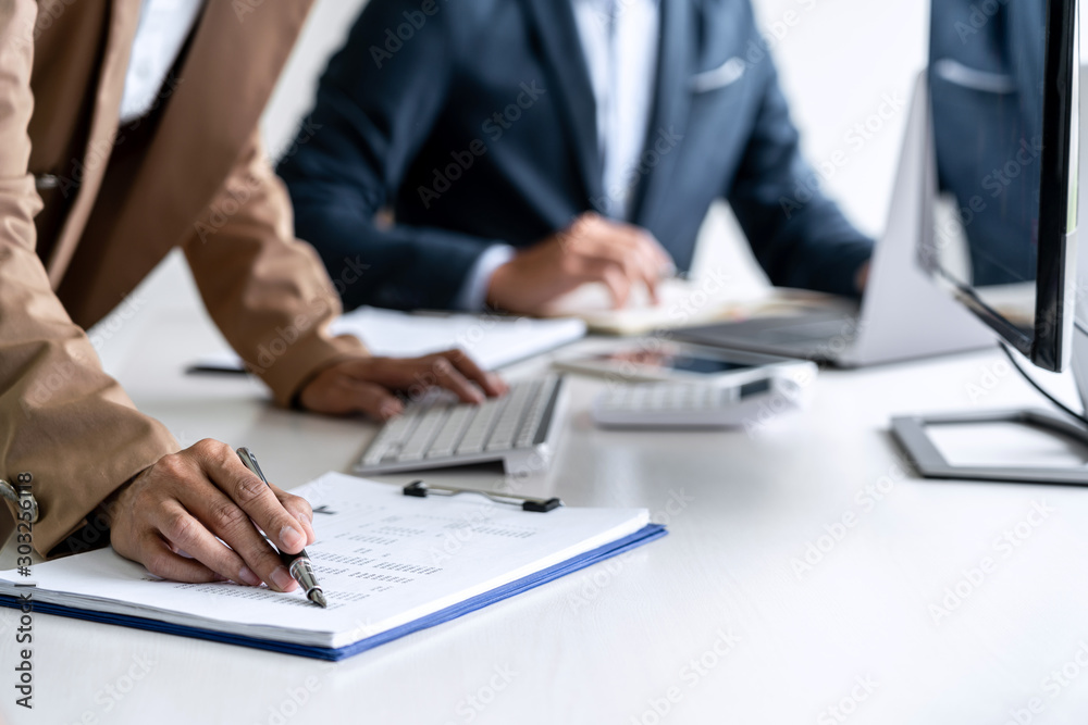Poster business team investment working with computer, planning and analyzing graph stock market trading wi