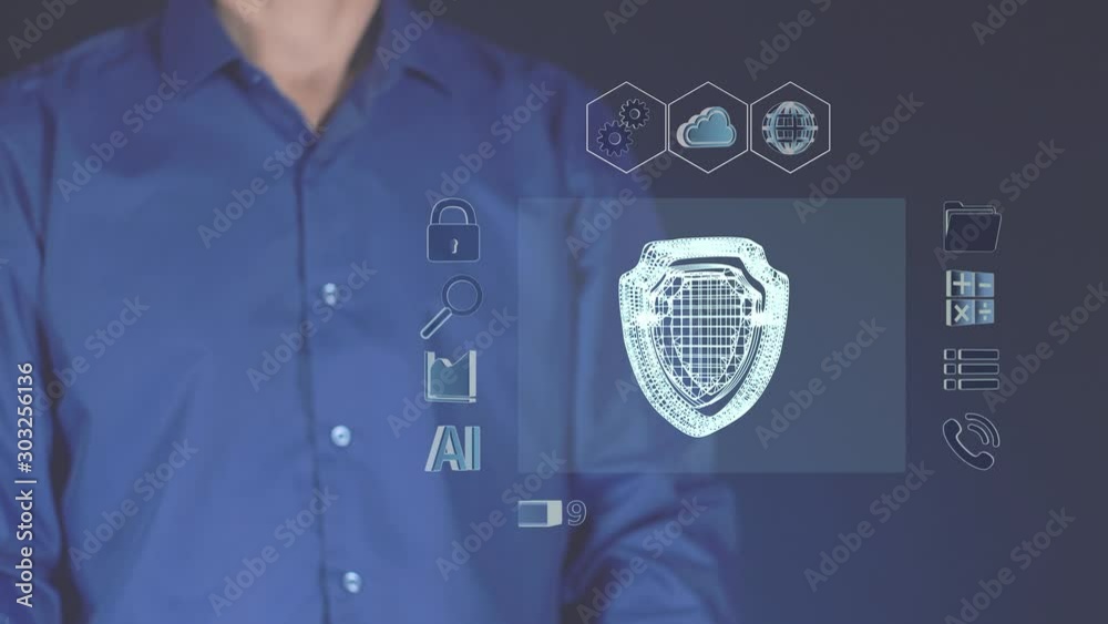 Wall mural the inclusion and boot process of abstract protection and security. a man works on a virtual hologra