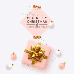 Fototapeta na wymiar Merry Christmas and Happy New Year. Xmas background with realistic pink gift boxes, white and rose color balls. Holiday banner, poster, greeting card. Advertising flyer brochure. soft pastel colors
