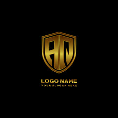 Initial letters AQ shield shape gold monogram logo. Shield Secure Safe logo design inspiration