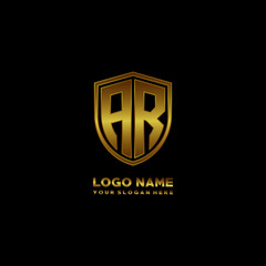 Initial letters AR shield shape gold monogram logo. Shield Secure Safe logo design inspiration