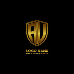 Initial letters AU, AV shield shape gold monogram logo. Shield Secure Safe logo design inspiration