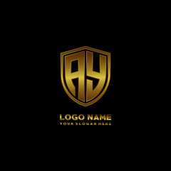 Initial letters AY shield shape gold monogram logo. Shield Secure Safe logo design inspiration