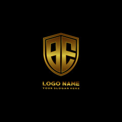 Initial letters BE shield shape gold monogram logo. Shield Secure Safe logo design inspiration
