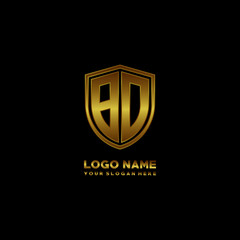 Initial letters BD shield shape gold monogram logo. Shield Secure Safe logo design inspiration