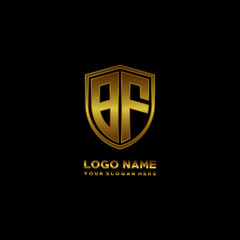 Initial letters BF shield shape gold monogram logo. Shield Secure Safe logo design inspiration