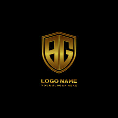 Initial letters BG shield shape gold monogram logo. Shield Secure Safe logo design inspiration