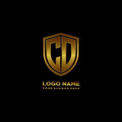 Initial letters CD shield shape gold monogram logo. Shield Secure Safe logo design inspiration