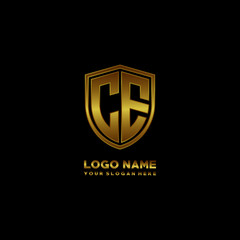 Initial letters CE shield shape gold monogram logo. Shield Secure Safe logo design inspiration