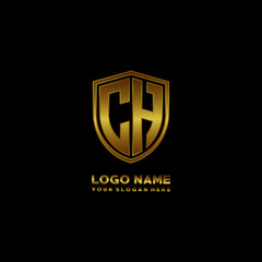 Initial letters CH shield shape gold monogram logo. Shield Secure Safe logo design inspiration