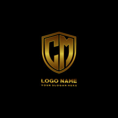 Initial letters CM shield shape gold monogram logo. Shield Secure Safe logo design inspiration