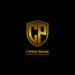 Initial letters CP shield shape gold monogram logo. Shield Secure Safe logo design inspiration