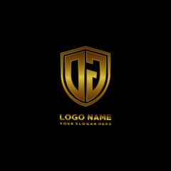 Initial letters DJ shield shape gold monogram logo. Shield Secure Safe logo design inspiration