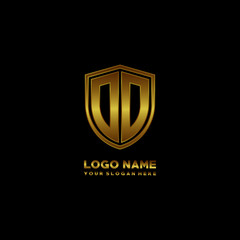Initial letters DD shield shape gold monogram logo. Shield Secure Safe logo design inspiration
