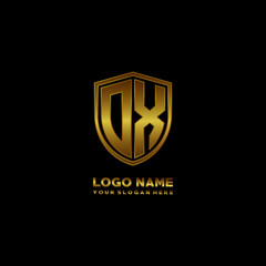 Initial letters DX shield shape gold monogram logo. Shield Secure Safe logo design inspiration