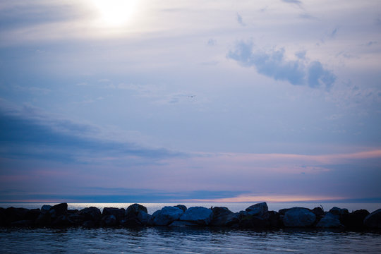 Sunset Over Lake Erie At Euclid Beach Park In Cleveland, Ohio.