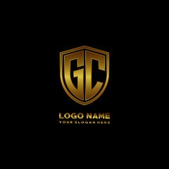 Initial letters GC shield shape gold monogram logo. Shield Secure Safe logo design inspiration