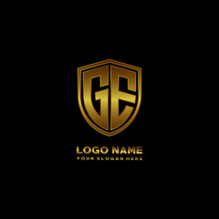 Initial letters GE shield shape gold monogram logo. Shield Secure Safe logo design inspiration