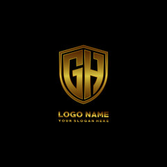 Initial letters GH shield shape gold monogram logo. Shield Secure Safe logo design inspiration